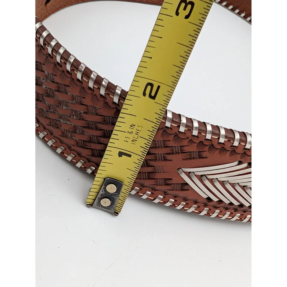 Unisex Western Belt Basketweave Metal Arrowhead Tooled Brown